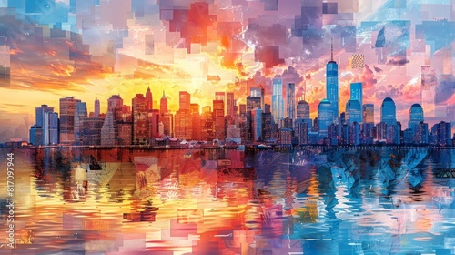 A city skyline is reflected in the water  with the sun setting in the background