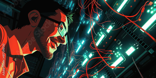 A futuristic hacker, surrounded by banks of flashing lights and beeping machinery, cracks a smile as they break into a heavily guarded server.  photo