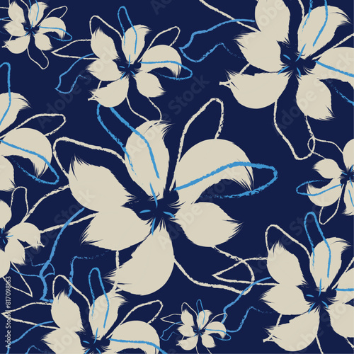 Modern seamless hand drawing pattern style in vector, a floral textile tropical bicolor flower and leaves miniprint flowers geometric pattern design