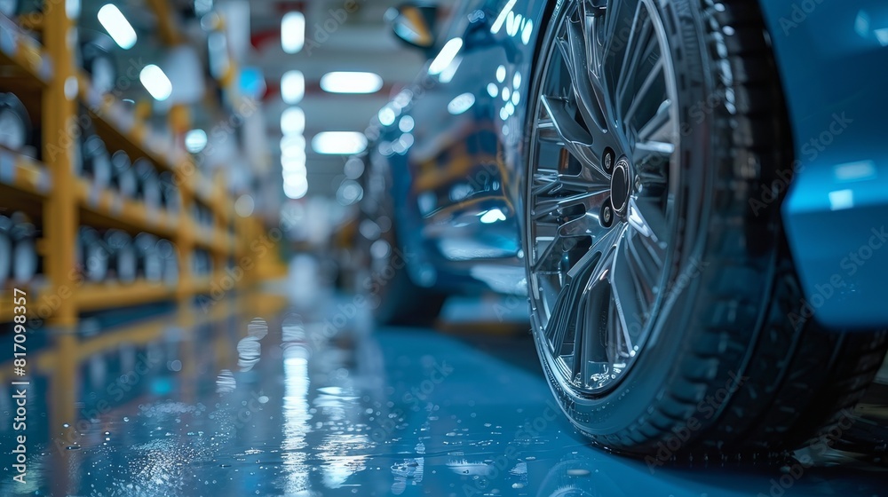 A car tire is shown in a factory setting A car tire is shown in a factory setting