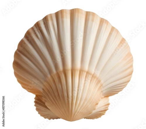 A close-up of a seashell, specifically a scallop shell . The shell has a distinctive fan-like shape with ridges radiating outward from the center. The shell is a light beige color.
