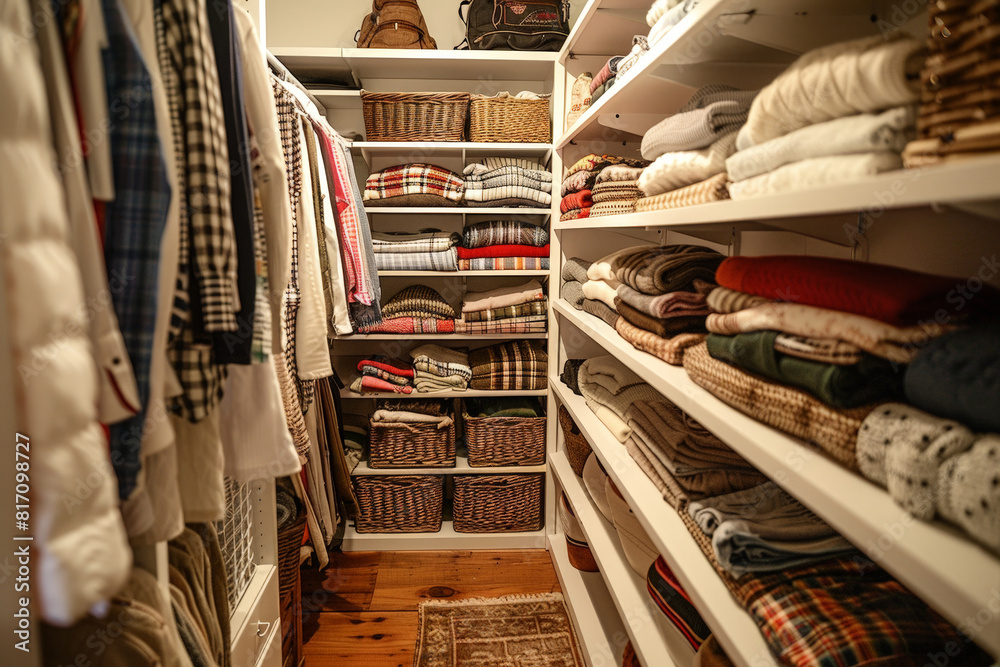 A closet overflowing with an assortment of clothes and blankets neatly organized on shelves and hanging rods A closet overflowing with an assortment of clothes and blankets neatly organized on shelves and hanging rods