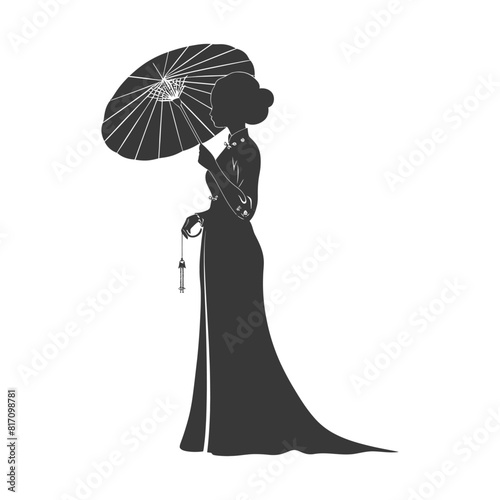 silhouette independent vietnamese women wearing ao dai with umbrella black color only
