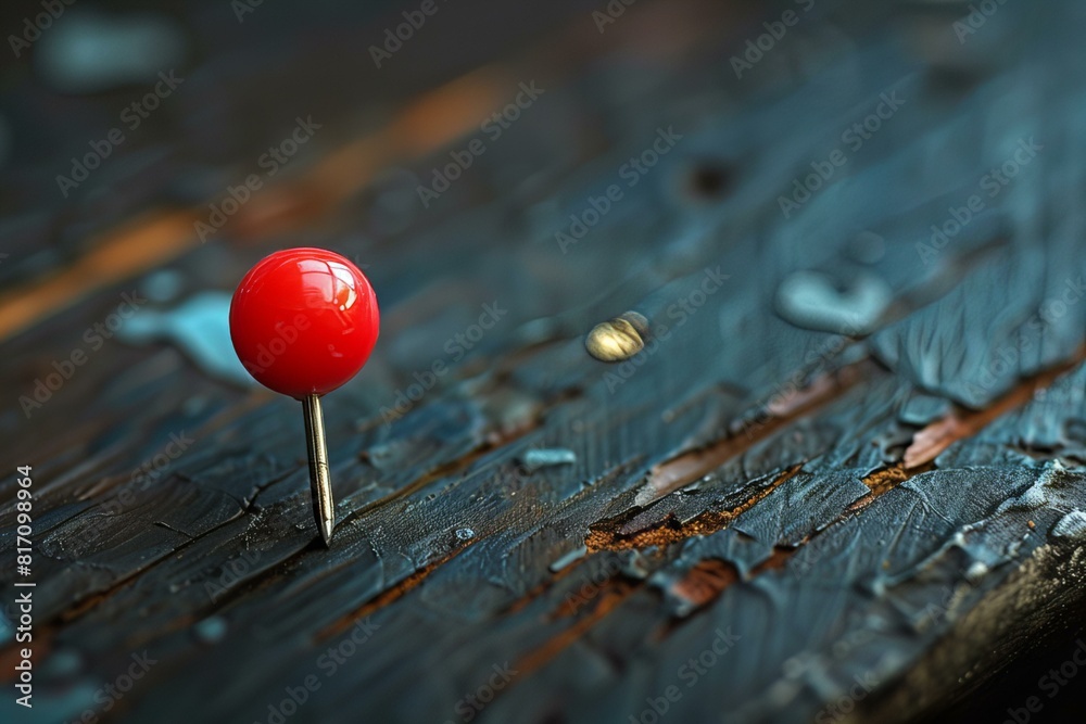 A red pin on wooden surface A red pin on wooden surface