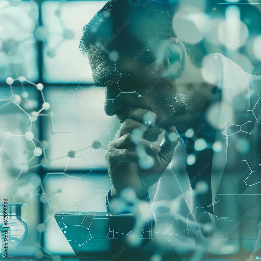 Close up of a scientist pondering a hypothesis, displayed on a digital notepad surrounded by 3D molecular structures in a hazy, innovative workspace, sharpen with copy space Close up of a scientist pondering a hypothesis, displayed on a digital notepad surrounded by 3D molecular structures in a hazy, innovative workspace, sharpen with copy space