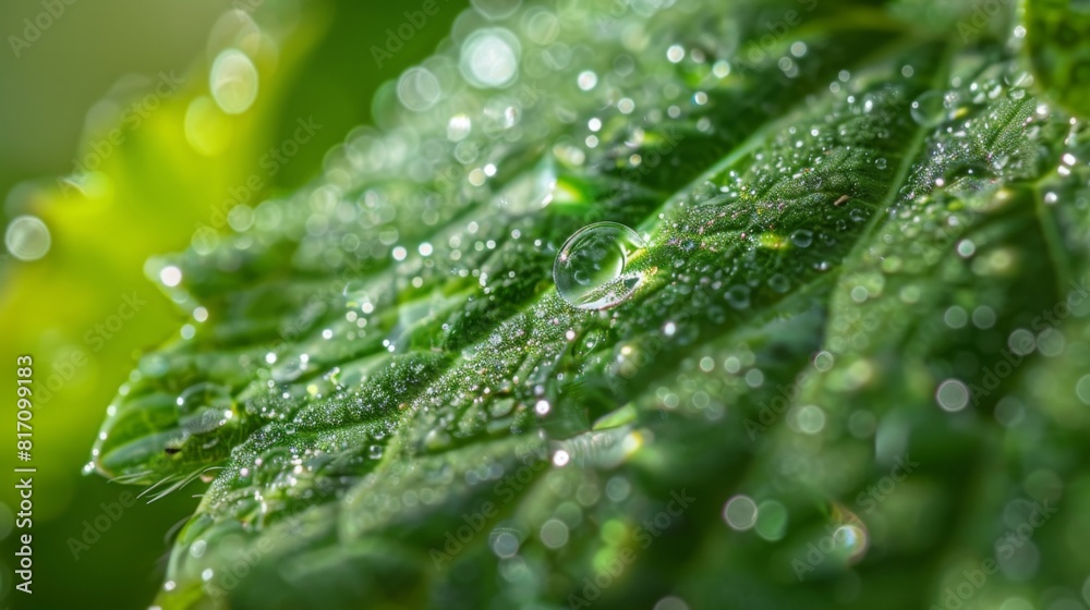 Macro view of water droplets clinging to the serrated edges of a green leaf, resembling a miniature crystal forest. Macro view of water droplets clinging to the serrated edges of a green leaf, resembling a miniature crystal forest.