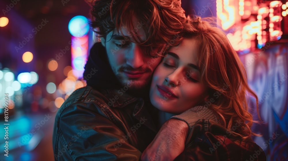 A man and woman are hugging in front of a glowing neon sign A man and woman are hugging in front of a glowing neon sign