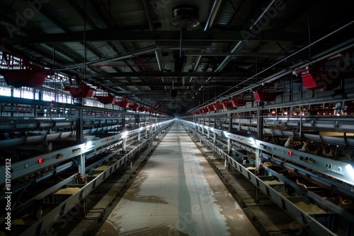 Extensive Poultry Farm Interior Highlighting Rows of Chickens and Feeding Equipment