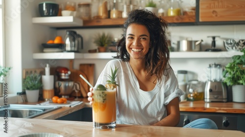 Young woman enjoying a fresh drink in the kitchen, great for lifestyle and wellness content.