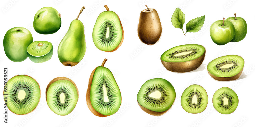 Watercolor set of kiwi fruit set. Hand drawn isolated on transparent background. Watercolor set of kiwi fruit set. Hand drawn isolated on transparent background.