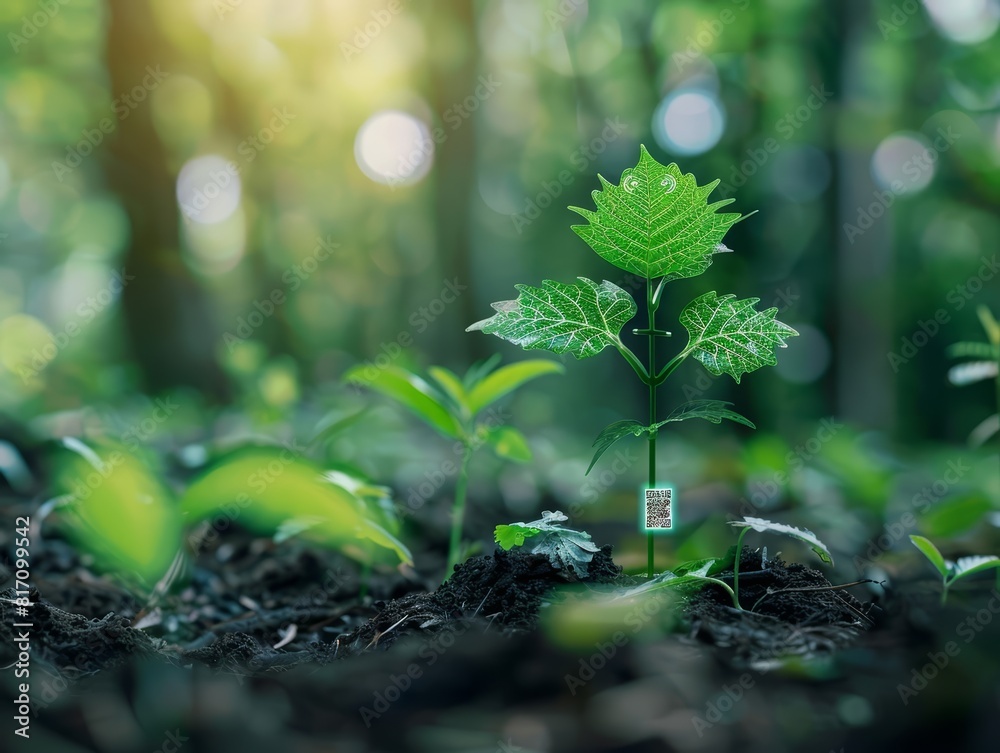 Close up of a young tree equipped with growth sensors and a QR code Close up of a young tree equipped with growth sensors and a QR code