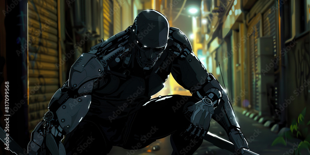A cyborg assassin, blades and metal ready, crouches in the shadows of a dimly lit alleyway.