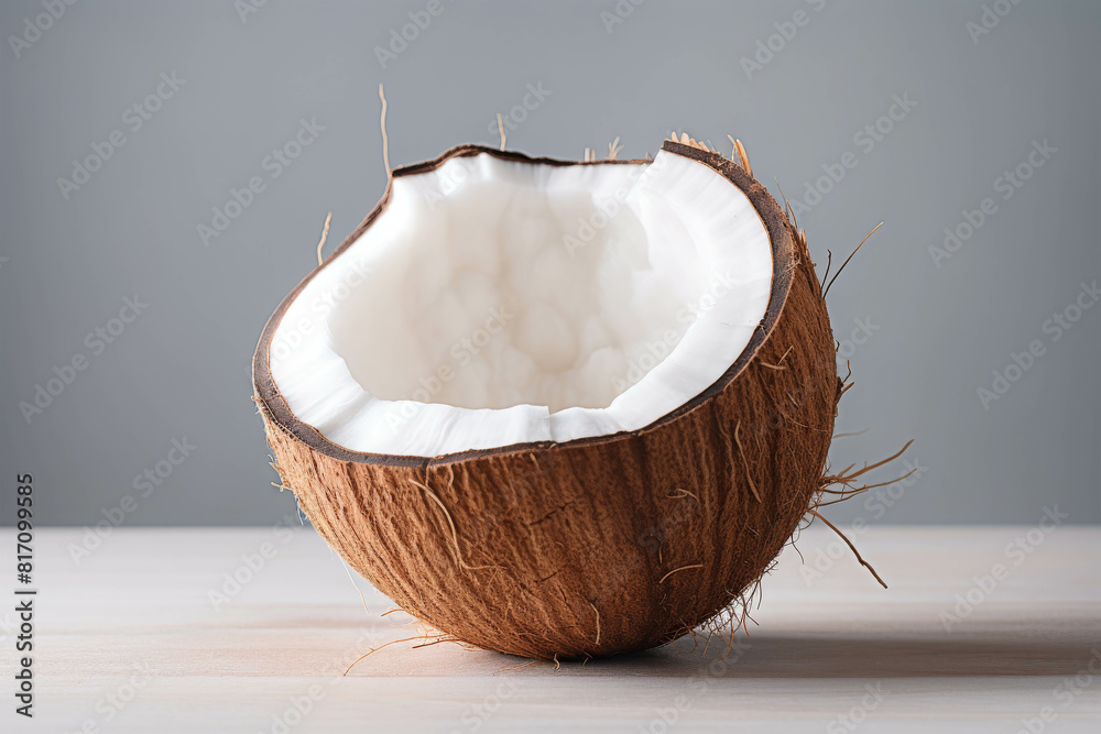 Brown coconuts are placed on a surface with a white background.