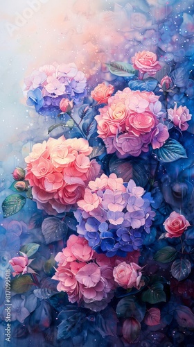 A painting of a flower garden with pink and blue flowers