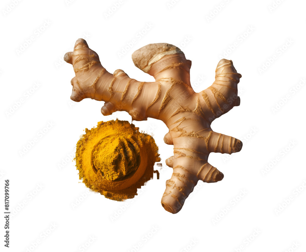 Turmeric root and powder isolated on transparent background. (Curcuma longa Linn) rhizome (root) sliced with green leaves, Clean healthy eating concept Ai generative.
Turmeric root and powder isolated on transparent background. (Curcuma longa Linn) rhizome (root) sliced with green leaves, Clean healthy eating concept Ai generative.