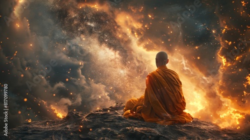 A man in a yellow robe sits on a rock in front of a fiery sky