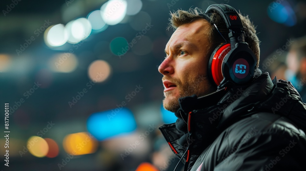 Sports commentator with headphones Sports commentator with headphones