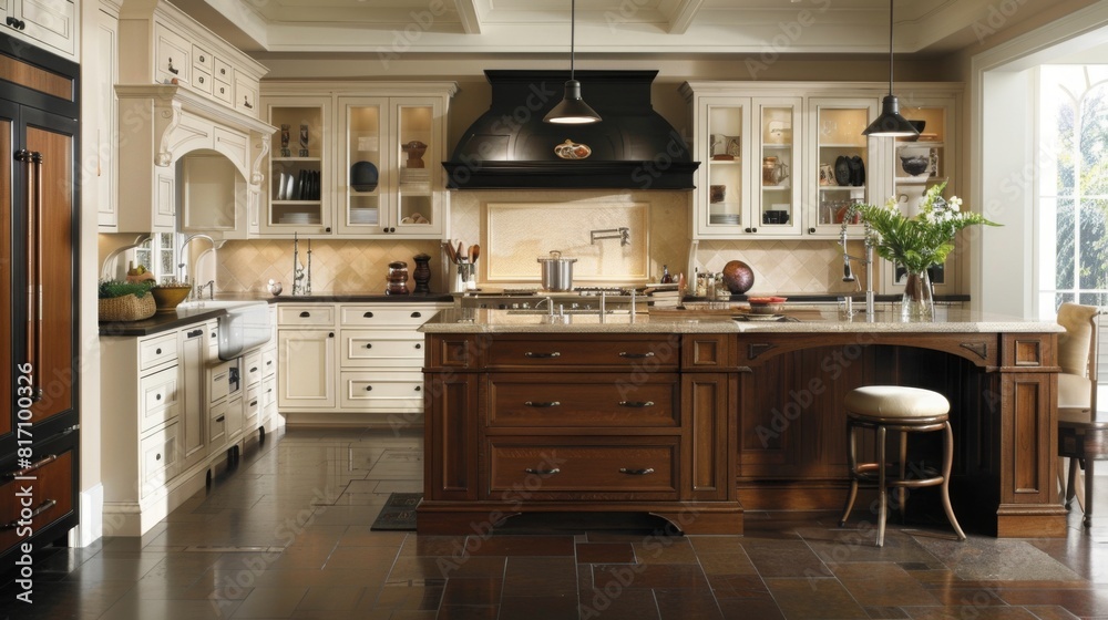 A spacious, elegant kitchen featuring a large wooden island, bar stools, white cabinetry, and modern appliances during the day.