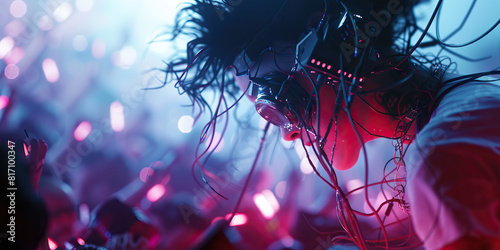 A cyberpunk musician, wires and lights entwined, unleashes a sonic assault on an enraptured crowd.  photo