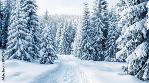 Serene winter forest scene with sunlight and falling snow  suitable for seasonal advertising or holiday themes.