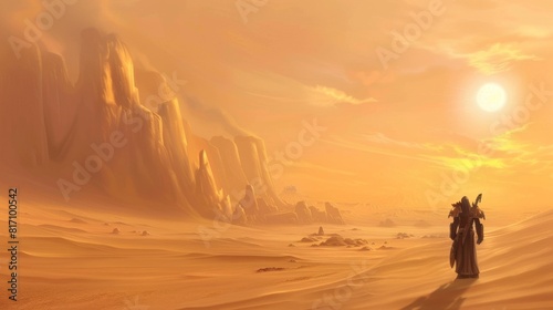 A man is walking through a desert with a sun in the background