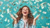 Young woman with curly hair laughing joyfully as money rains down on her. Perfect for financial services, wealth management, and marketing campaigns emphasizing success, happiness, and prosperity.