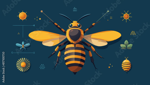 Vibrant Illustrated Bee with Floral and Sun Icons on Blue Background