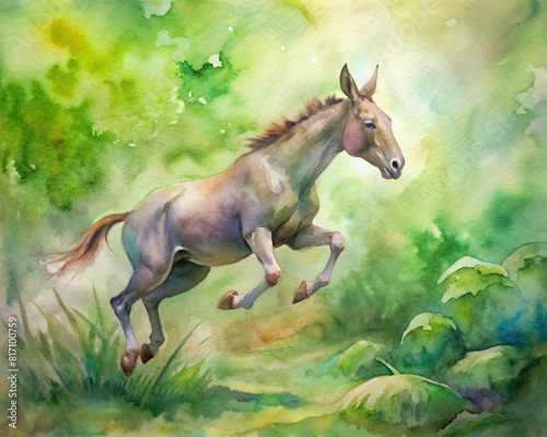 An artistic watercolor scene of mule jumping in a lush green field  with a focus on movement and energy