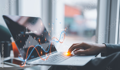 Businessman is calculating income and return on investment in percentage. Interest rate and dividend concept, income, return, retirement, compensation fund, investment, dividend tax.	 photo