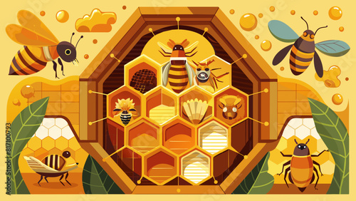 Vibrant Cartoon Beehive Scene with Busy Bees and Honeycomb