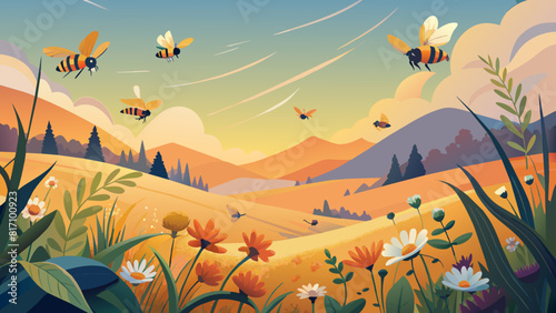 Enchanting Sunset Landscape with Buzzing Bees over Flower Meadow