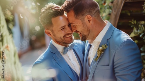 Two men in blue suits smiling and touching foreheads, captured in a warm, outdoor setting with soft sunlight. photo