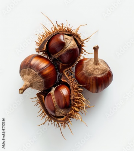 beautiful chestnuts closeup in their shells with amazing contrast isolated on a white background