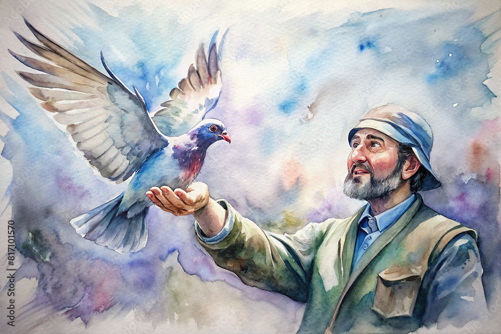 Watercolor portrait of a homing pigeon trainer releasing a bird for a