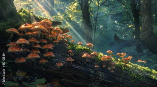 Mushrooms growing on a log in a dense forest, illuminated by dappled sunlight breaking through the canopy.