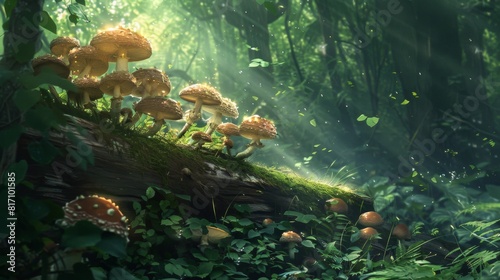 Mushrooms growing on a log in a dense forest, illuminated by dappled sunlight breaking through the canopy. photo