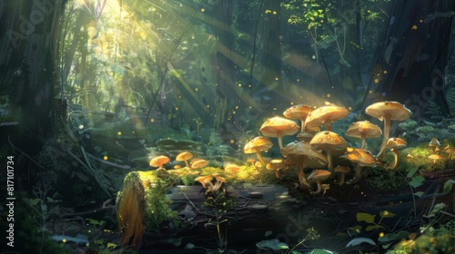 Mushrooms growing on a log in a dense forest, illuminated by dappled sunlight breaking through the canopy. photo