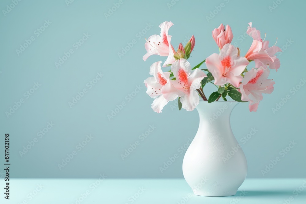 It's a Monet-style photograph of bright bouquets of flowers in a vase on an empty table against a blue wall background. It's a Monet-style photograph of bright bouquets of flowers in a vase on an empty table against a blue wall background.