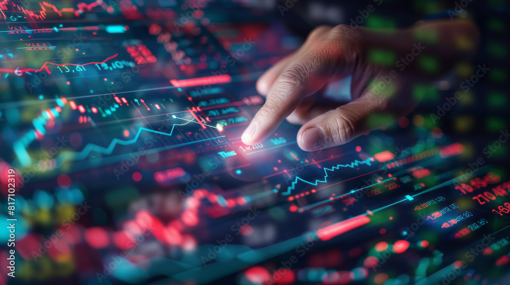 Hand close-up finger pointing, big data business investment finance information AI data analytic, financial technology, stock exchange market trading. Hand close-up finger pointing, big data business investment finance information AI data analytic, financial technology, stock exchange market trading.