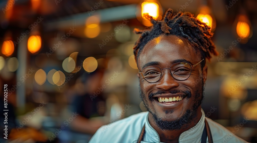 Proud friendly young male chef, with short afro hair and smile in a minimalist kitchen. The male Chef Looks confident into camera.