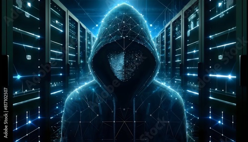 a hooded figure standing amidst rows of servers, symbolizing the enigmatic and pervasive presence of cybersecurity threats in the digital age