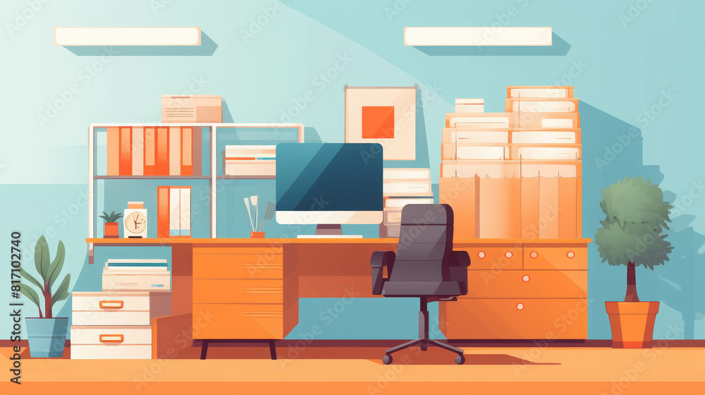 Modern office interior design with a wooden bookshelf lining the wall. Modern office interior design with a wooden bookshelf lining the wall.
