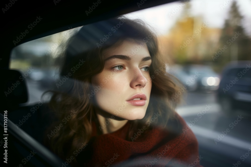 Pensive young woman looking out of car window