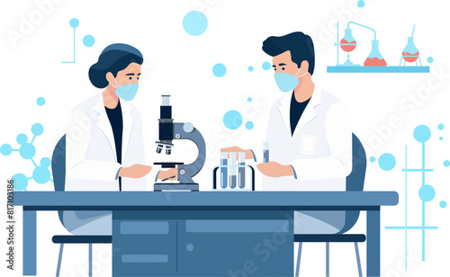 Vaccine research, scientists conducting experiments in lab. Vector illustration in flat style