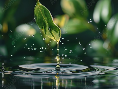A water droplet falling from a leaf tip  capturing the moment of release  golden ratio composition  crisp edges  8k resolution