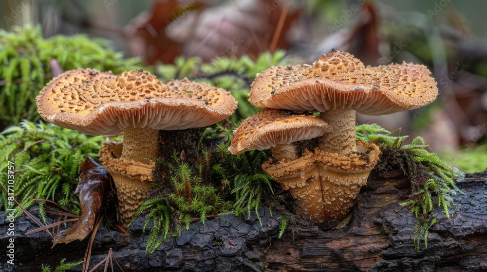 Pair of mushrooms growing side by side on a mossy log, symbolizing nature's resilience and beauty. Pair of mushrooms growing side by side on a mossy log, symbolizing nature's resilience and beauty.