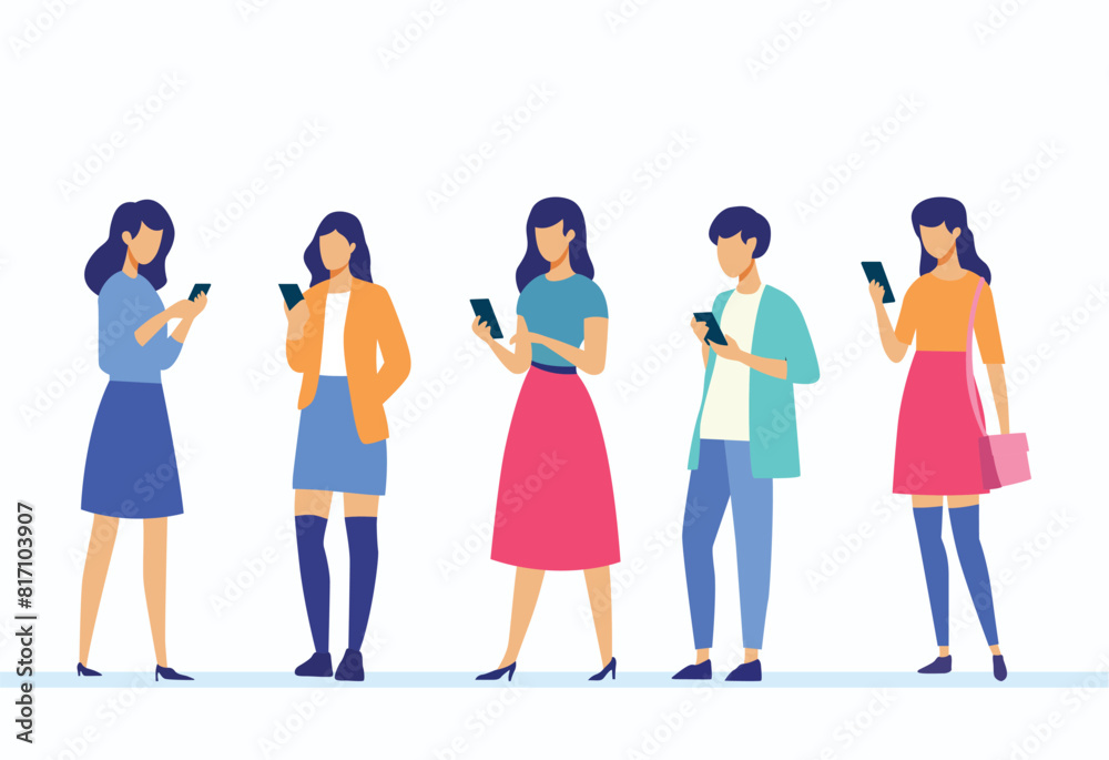 Obraz premium A set of illustration of mobile user. Characters with smartphones in hands. Men, women use cellphones. Flat vector illustration isolated on white background