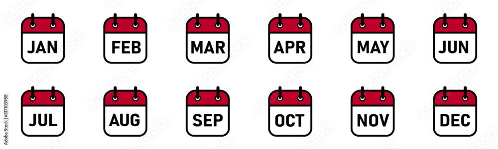 Calendar icons for each day of the week. Red calendar icon set. Vector illustration.