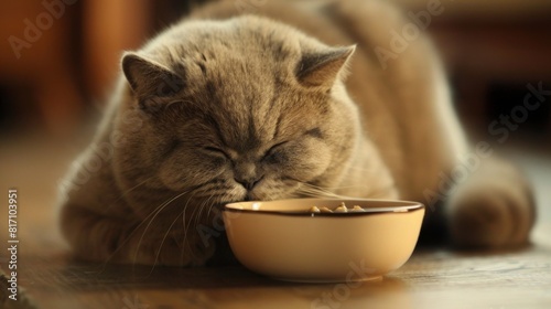 Plump cat enjoying a meal from its food bowl  with a happy and satisfied look.