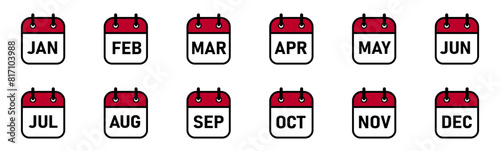 Calendar icons for each day of the week. Red calendar icon set. Vector illustration.